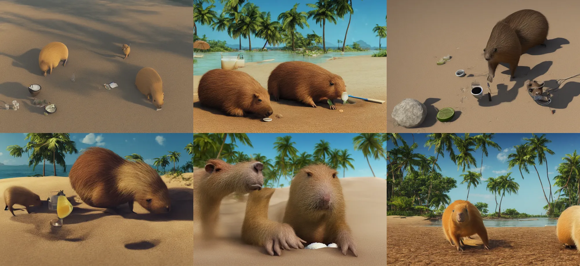 Prompt: photo of a capybara with shades drinking coconut juice on the beach,, kodak portra 4 0 0 photographic and realistic, detailed, octane render, unreal engine, 4 k, artstation, hyper realistic, 3 5 mm, sharp focus, soft light, volumetric light, in the style of gregory crewdson