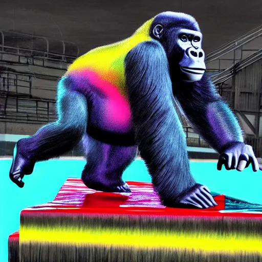 Prompt: Gorilla skating, ps1 render, dripping texture, colorful