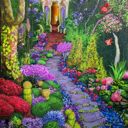 Image similar to a fairytale garden, painted by pablo amaringo