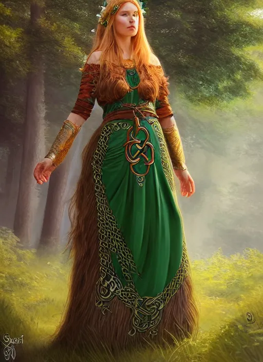 Image similar to photo of a gorgeous druid woman wearing a traditional celtic dress in the style of stefan kostic, realistic, sharp focus, 8 k high definition, insanely detailed, intricate, elegant, art by stanley lau and artgerm