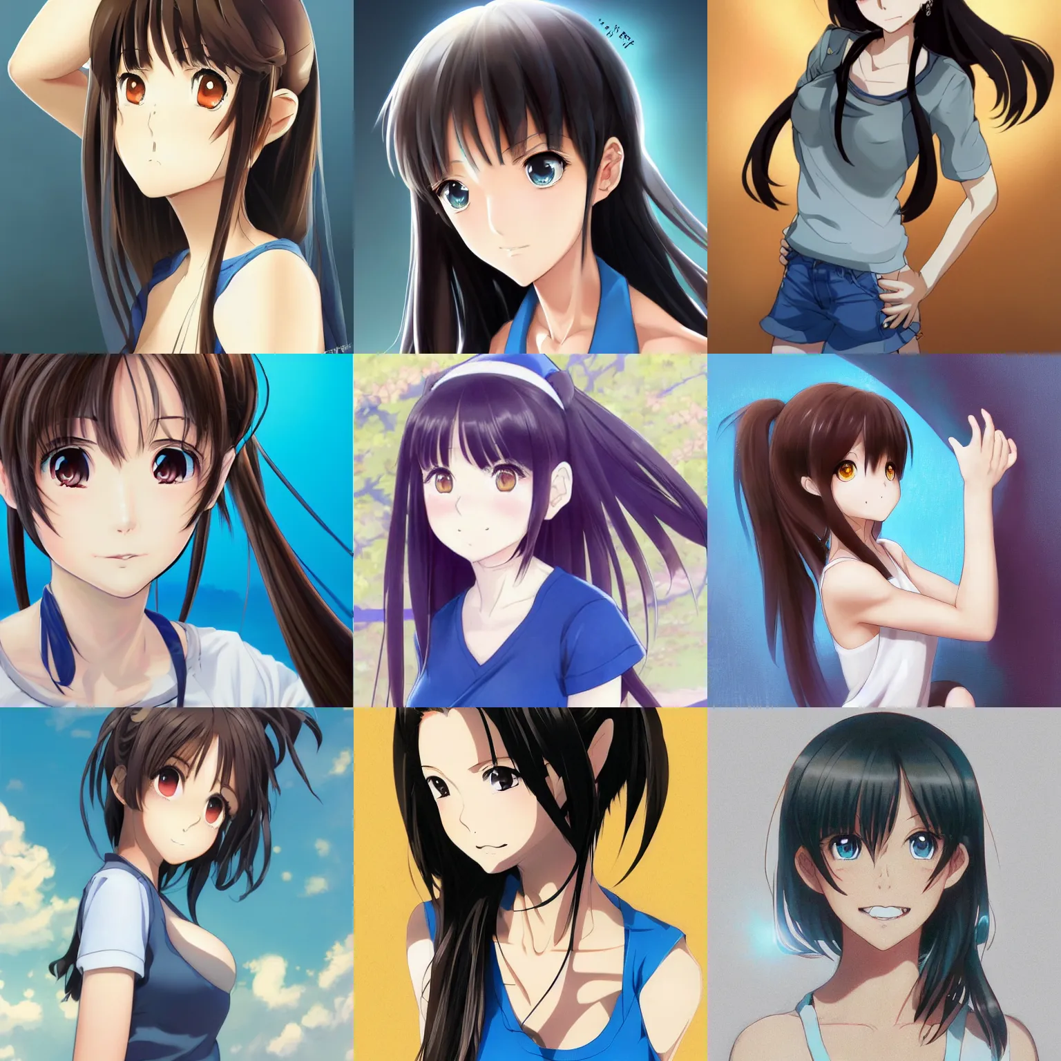 Prompt: A medium shot anime portrait of a happy brunette anime woman, a single short ponytail, parted hair, bare forehead, blue-eyed, blue eyes, with large breasts, wearing a t-shirt, solid background, by Stanley Artgerm Lau, WLOP, Rossdraws, James Jean, Andrei Riabovitchev, Marc Simonetti, and Sakimi chan, trending on artstation