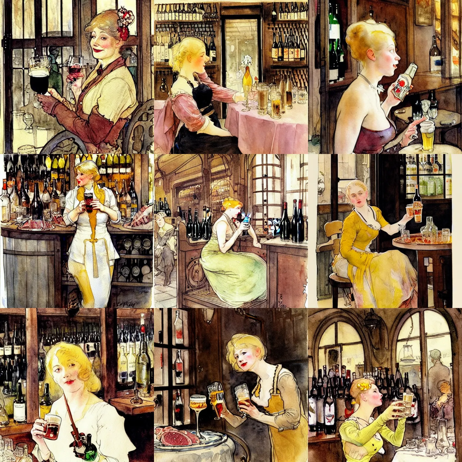 Prompt: blonde woman and boba!! fett!! drinking beer in a wine cellar, masterpiece, meat, pork, schnapps, watercolor by anders zorn and carl larsson, art nouveau