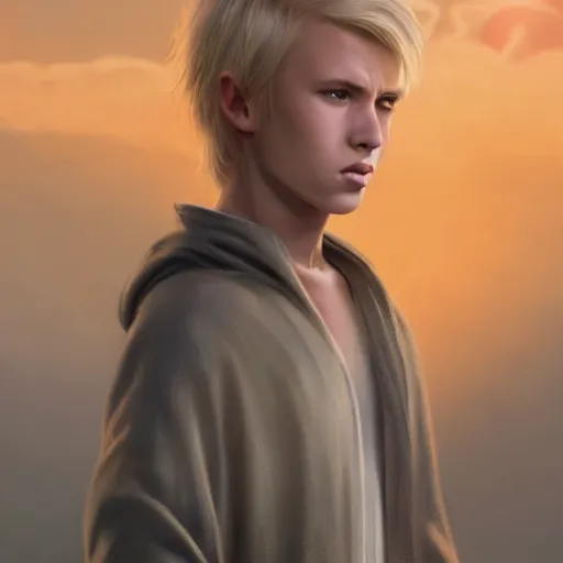 Image similar to a young blonde male jedi with short hair standing still looking at the sunset concept art by Doug Chiang cinematic, realistic painting, high definition, concept art, portait image, path tracing, serene landscape, high quality, highly detailed, 8K, soft colors, warm colors, turbulent sea, high coherence, anatomically correct, hyperrealistic, concept art, defined face, five fingers, symmetrical