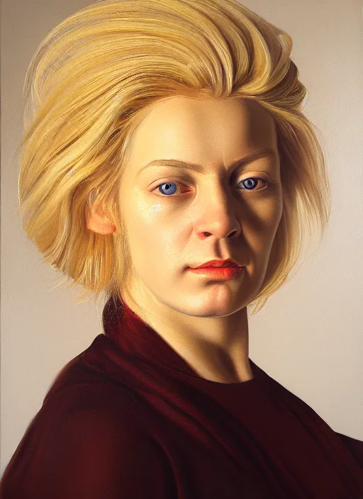 Prompt: detailed portrait of a woman with blond hair, painting by ansell, mary jane, still life, photorealism