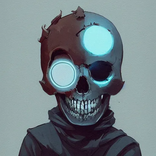 Image similar to boy wearing skull mask by atey ghailan, by greg rutkowski, by greg tocchini, by james gilleard, by joe fenton, by kaethe butcher, dynamic lighting, gradient light blue, brown, blonde cream and white color scheme, grunge aesthetic