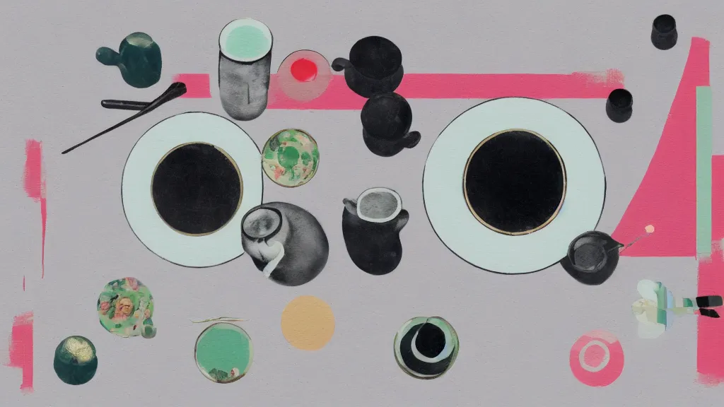 Image similar to a small tea setting, japan, a collage painting, in the style of wes anderson, lola dupre, david hockney, isolated on negative white space background dark monochrome neon spraypaint accents volumetric octane render