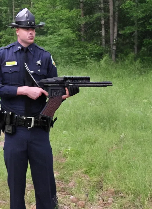 Prompt: Minnesota State Trooper in uniform and rifle in hand, standing victorious over a dead zombie.