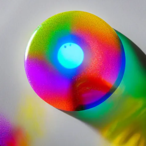 Prompt: Sunlight through glass filled with water creates colorful caustics on tabletop, product photography.