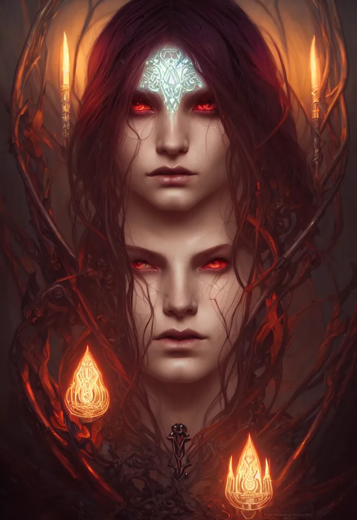 Image similar to Necromancer Sorceress face in center, fantasy magic, undercut hairstyle, dark light night, intricate, elegant, sharp focus, illustration, highly detailed, digital painting, concept art, matte, art by WLOP and Artgerm and Greg Rutkowski and Alphonse Mucha, masterpiece