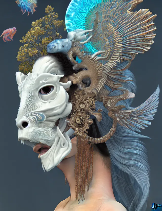 Image similar to 3 d goddess close - up profile solarpunk portrait ram skull. beautiful intricately detailed japanese crow kitsune mask and clasical japanese kimono. betta fish, jellyfish phoenix, bio luminescent, plasma, ice, water, wind, creature, artwork by tooth wu and wlop and beeple and greg rutkowski