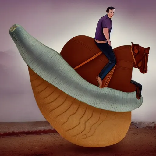 Image similar to a man riding a giant slug like its a horse