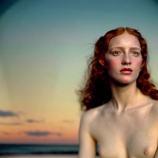 Prompt: photographic portrait of a stunningly beautiful english renaissance female on a beach in the hebrides in soft dreamy light at sunset, soft focus, contemporary fashion shoot, hasselblad nikon, in a denis villeneuve movie, by edward robert hughes, annie leibovitz and steve mccurry, david lazar, jimmy nelsson, hyperrealistic, perfect face