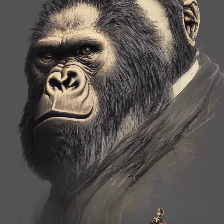 Prompt: a highly detailed Art Nouveau character portrait of a serious gorilla wearing a tailored business suit, intricate, wild, digital painting, artstation, concept art, smooth, sharp focus, illustration, art by artgerm and greg rutkowski and alphonse mucha