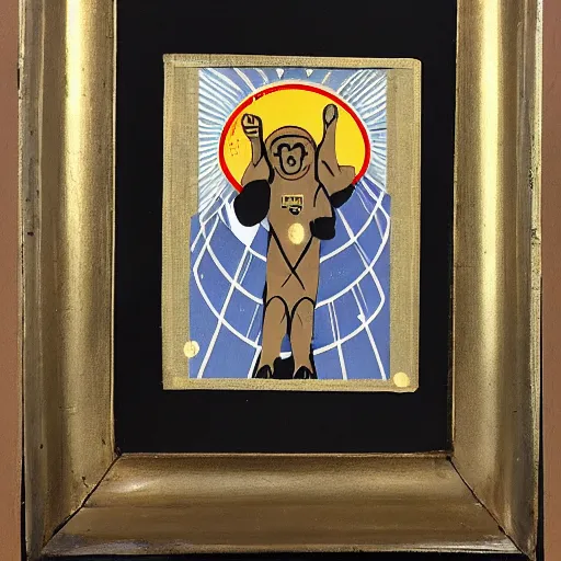 Image similar to 1960s space age astronaut monkey Byzantine religious icon