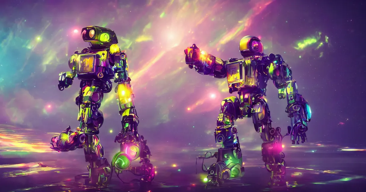 Image similar to vivid colors, spectrum, robot, drama, high quality, vray, cg, crazy, space