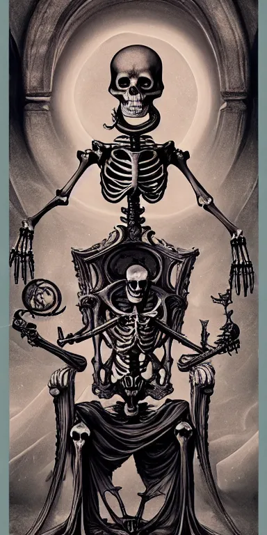 Prompt: tarot card render of a skeleton sitting on a throne, poster art by James Jean, Joe Fenton, Lise Deharme, Anne Stokes, Brian Despain, Petros Afshar behance contest winner, gothic art, , apocalypse art, behance hd, macabre poster art,