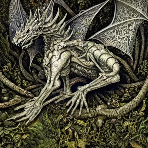 Image similar to white dragon skeleton covered in moss and flowers, intricate details, hyperrealistic, hr giger