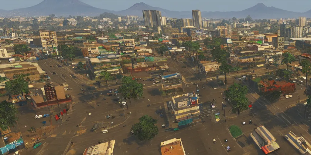 Prompt: guatemala city if it was a game like grand theft auto v first person view, head - up display with realistic visuals and award winning gameplay