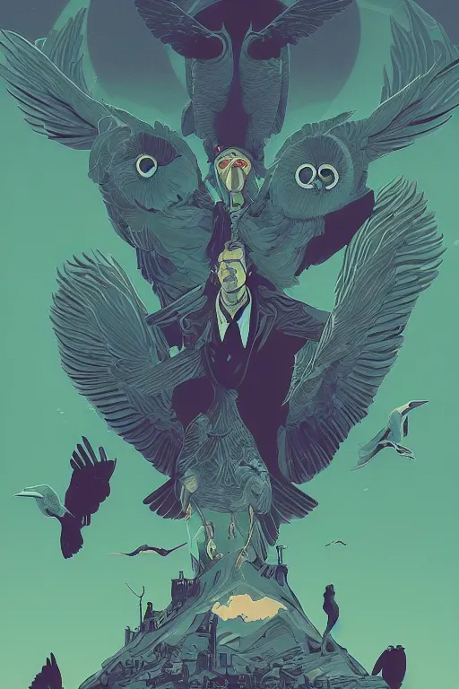 Prompt: Pulp book cover Noir dynamic dutch angle Twin Peaks book movie poster artwork by Tomer Hanuka Rendering of an flock ominous owl with a secret, ancient symbol behind it, full of details, by Makoto Shinkai and thomas kinkade, Matte painting, trending on artstation and unreal engine