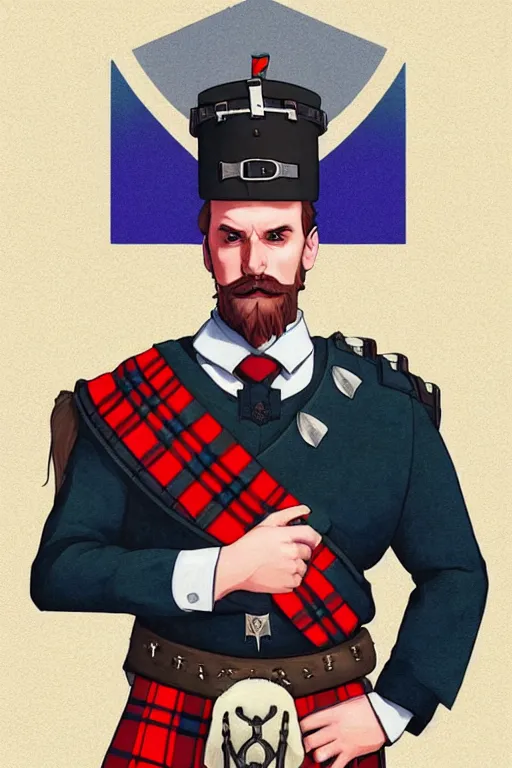 Prompt: a scottish scotland man in a kilt, centered, castle scotland background, median photoshop filter cutout vector behance, hd by artgerm, jesper ejsing, by rhads, makoto shinkai and lois van baarle, ilya kuvshinov, rossdraws, illustration, art by ilya kuvshinov and gustav klimt