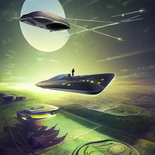 Image similar to solarpunk hovercar, clean energy, green technology, batoidea shape, airspace, sunny day, futurism, intricate, engines, autonomous, highly detailed, peaceful, utopia, bright, digital painting, advanced, artstation, concept art, smooth, sharp focus, epic landscape, art by akihiko yoshida and tim mcburnie and anato finnstark