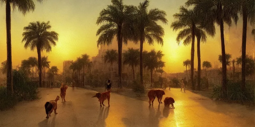 Image similar to golden retriever dog walking in tel aviv street looking at the camera. palm trees. realistic. sunset. high quality. digital art. watercolor. highly detailed. drawing. art. colorful. fluffy art by albert bierstadt