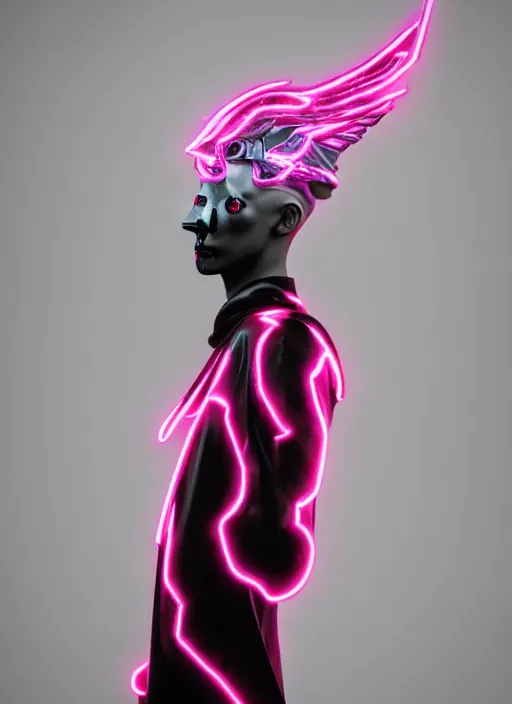 Image similar to photo of baroque and bladerunner delicate neon ruby sculpture of seductive ceramic albino king xavier serrano delicious pink iridescent humanoid deity wearing black fluffy hoody holding diamond skull in a black metallic dungeon, reclining, glowing rainbow face, crown of white diamonds, cinematic lighting, photorealistic, octane render 8 k depth of field 3 d