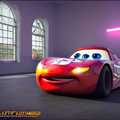 Image similar to lightning mcqueen ray - tracing render, unreal engine, 3 d, atmospheric light, godrays, award - winning, maya, blender