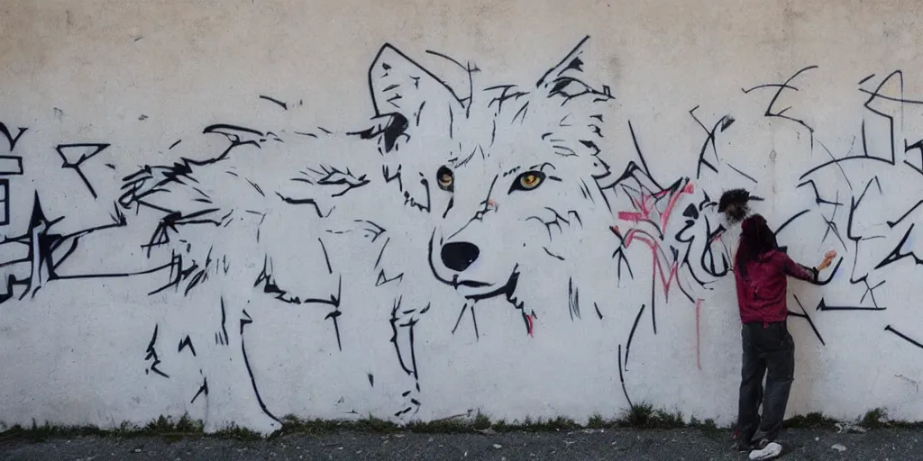 Prompt: Graffiti from a white Wolf on a wall