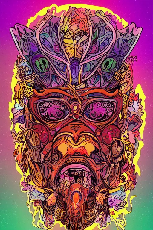 Image similar to animal mask totem roots flower tribal feather gemstone plant wood rock shaman vodoo video game vector cutout illustration vivid multicolor borderlands comics by josan gonzales and dan mumford radiating a glowing aura