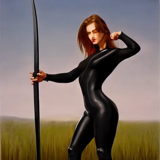 Image similar to a painting of woman wearing black skintight clothes holding a sword standing in a field, painting by mark brooks, trending on artstation, artstationHD, artsationHQ