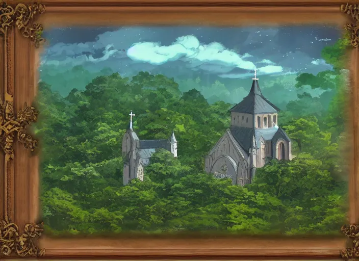 Image similar to view of a catholic church on a forested mountain, in the style of studio ghibli, distant, detailed, artstation, award winning painting,