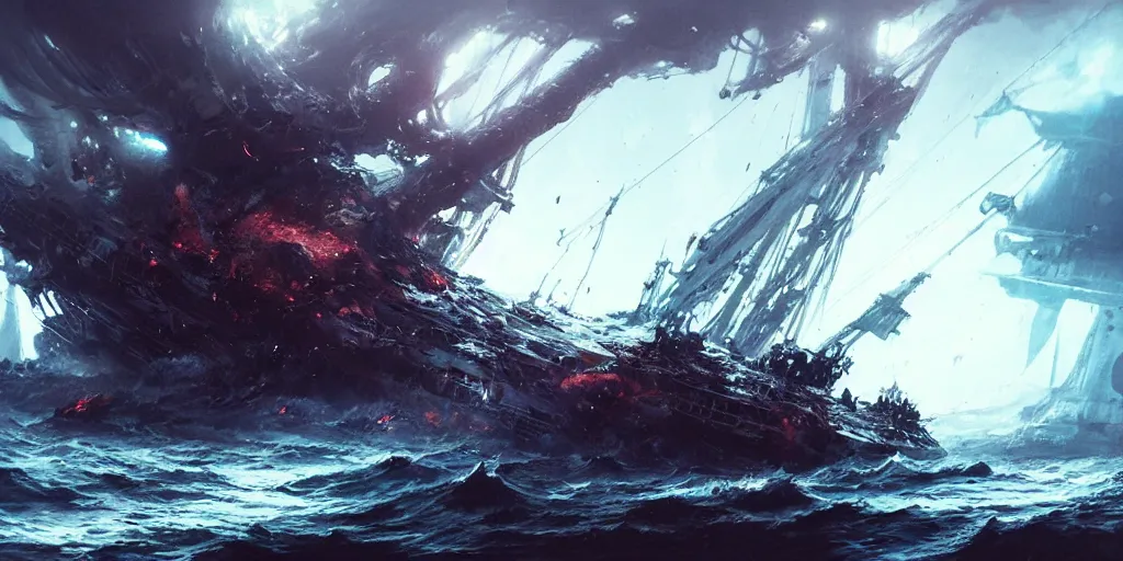 Image similar to ship being destroyed by a giant kraken sea monster, a lot of tentacles, chaos, view from above. In style of Yoji Shinkawa and Hyung-tae Kim, trending on ArtStation, Greg Rutkowski, dark fantasy, great composition, concept art, highly detailed, scenery.