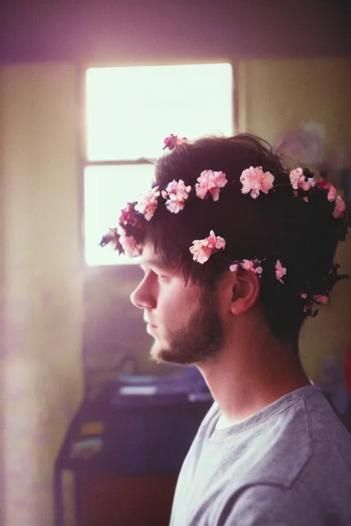Prompt: kodak portra 4 0 0 photograph of a guy wearing a flower crown in a cluttered messy 9 0 s bedroom, back view, lens flare, moody lighting, moody vibe, telephoto, 9 0 s vibe, blurry background, grain, tranquil, calm, faded!,