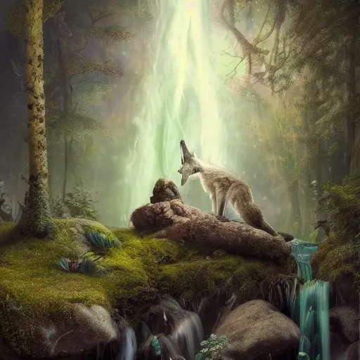 Prompt: tom bagshaw, beautiful full wolf, mythical cosmic shrine, soft painting render curiosities carnival pond river vegetation rocks bugs wildlife mushrooms covered moss bioluminescent wisps, beautiful stunning waterfall, accurate features, focus, very intricate ultrafine details, random volumetric lighting, fog, award winning masterpiece, octane render 8 k hd, artstation