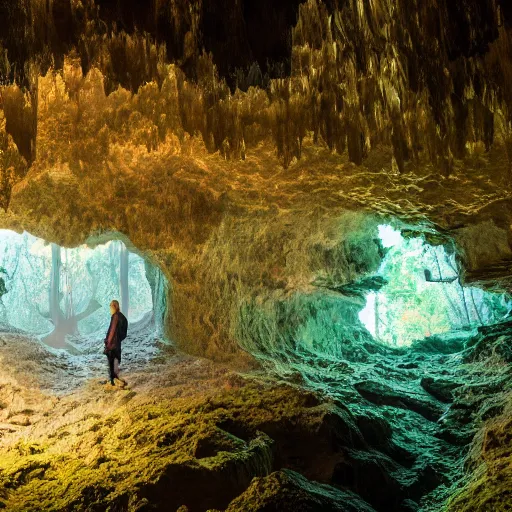 Prompt: Exploring the Deep Chrystal Garden Cave, office furniture, office lighting, windows showing forest, National Geographic Photo Contest Winner