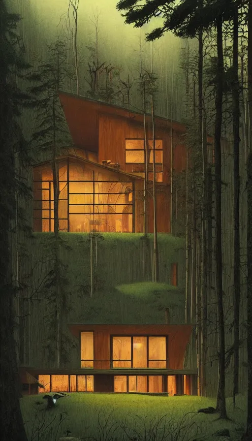 Image similar to cozy ultra modern home in the woods moody lighting, highly detailed, painting by zdzisław beksinski and norman rockwell and greg rutkowskiweta studio, and lucasfilm