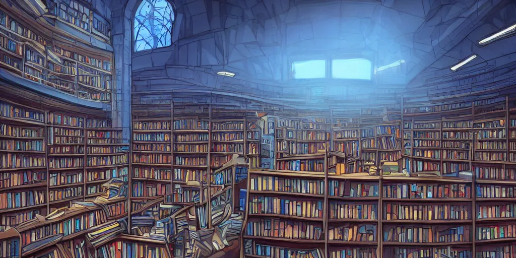 Prompt: abandoned bookstore in the mall at night, scattered books, horror, anime!, blue lighting, award - winning digital art