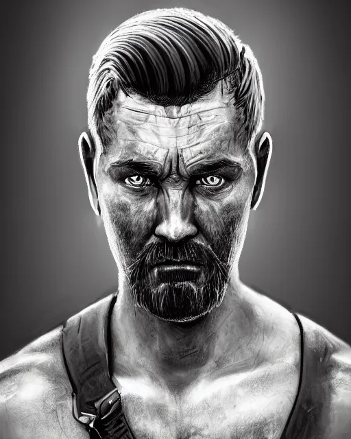 Prompt: portrait of muscular, tired and alcoholic 3 0 - year - old grieving man with short darkblonde hair, serious sad look in his eyes, looking down, dirty beard, blue eyes, crying tears, wearing dirty soldier uniform, on the desert, sad atmosphere, hyper realistic face, character art, art by mark brooks, cryengine, trending on artstation, digital art
