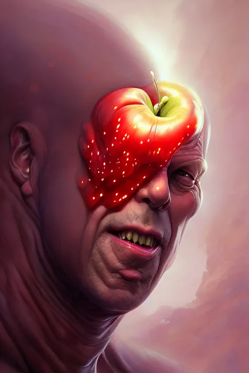 Image similar to bruce willis head inside an apple, hyper detailed, digital art, artstation, cinematic lighting, studio quality, smooth render, by peter mohrbacher, hajime sorayama, wayne barlowe, boris vallejo, aaron horkey, gaston bussiere, craig mullins