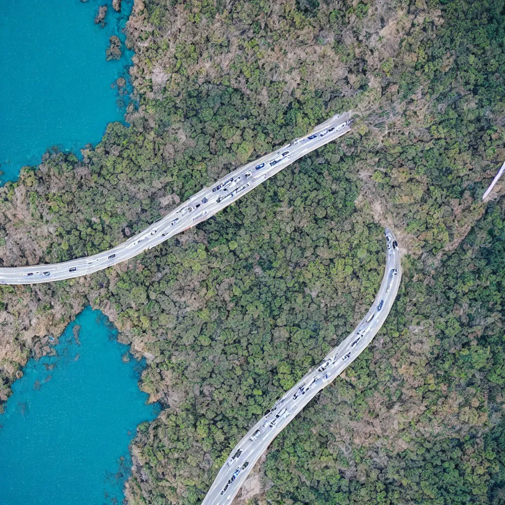 Image similar to single lane bridges winding over wide ocean of bright blue water, birds eye view