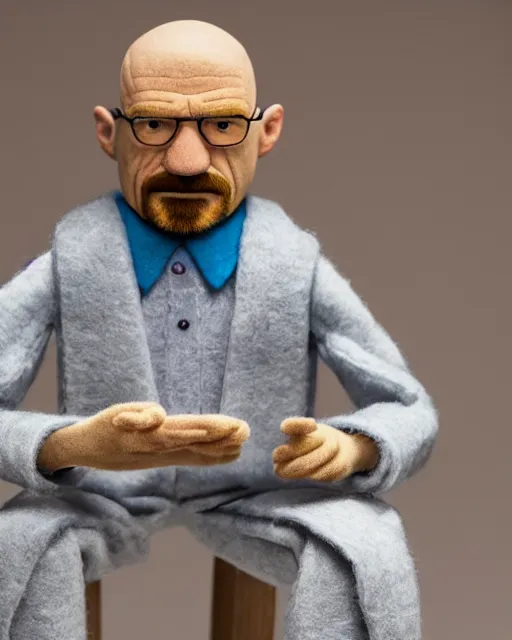 Image similar to walter white as a muppet. highly detailed felt. hyper real photo. 4 k.