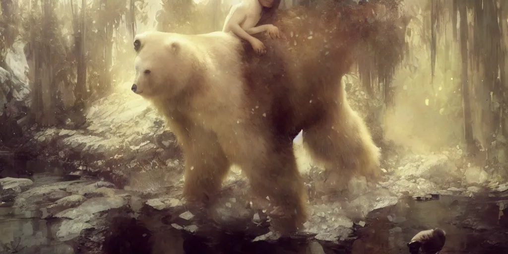 Image similar to young girl, afraid of a polar bear in the background, art of elysium by jeremy mann and alphonse mucha, fantasy art, photo realistic, dynamic lighting, artstation, poster, volumetric lighting, very detailed face, 8 k, award winning