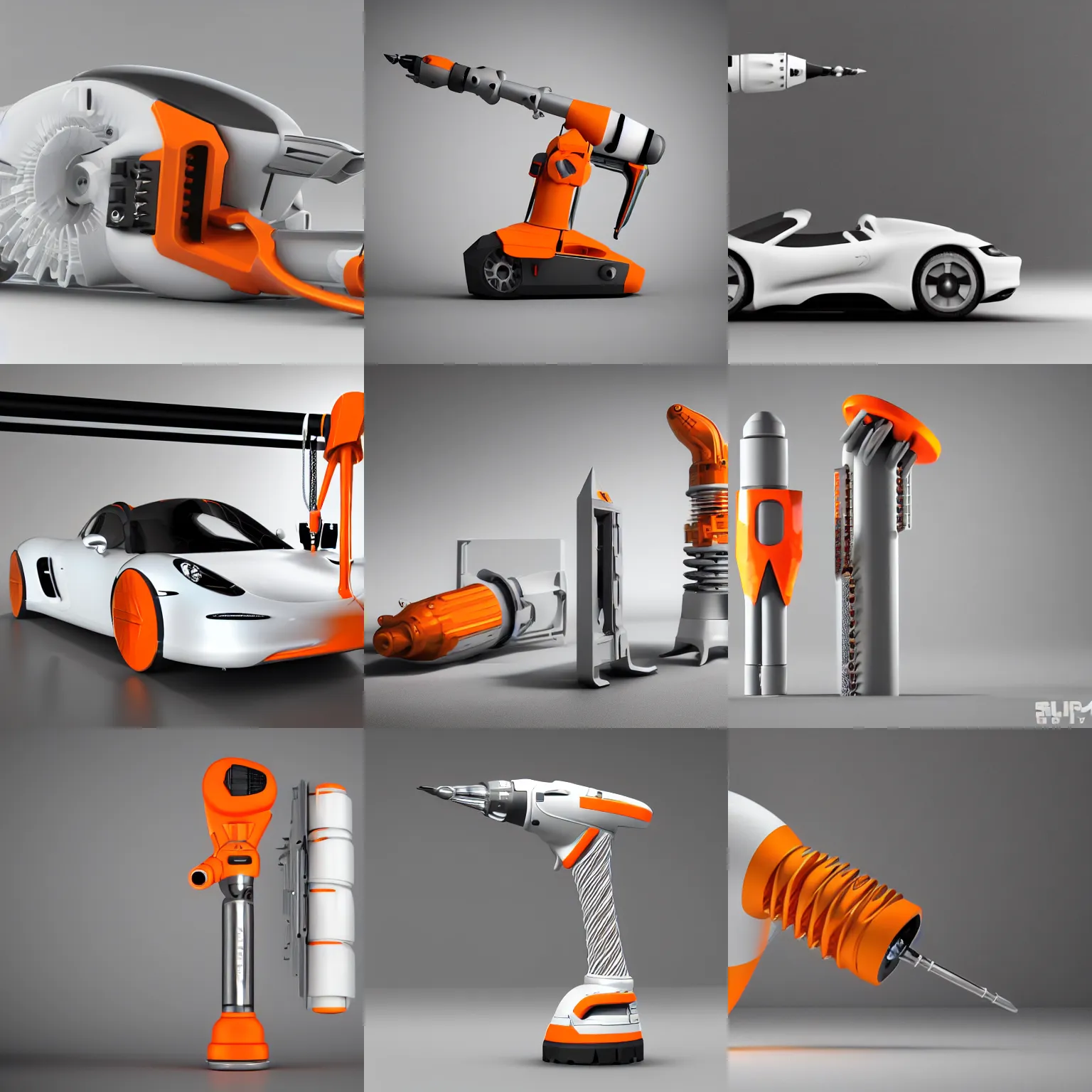 Prompt: cad render of futuristic drill, parametric solid works, ( design by porsche ), studio photo, white and grey, orange details, octane render