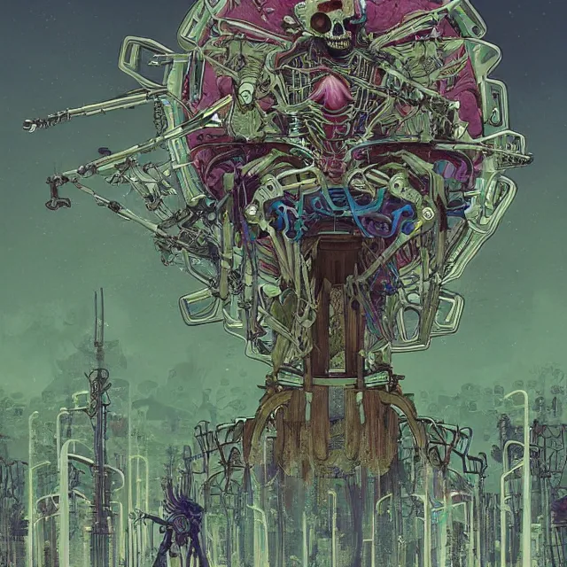 Image similar to a beautiful painting of a ( ( cybernetic ) ) skeleton king, resting on a throne of transparent green energy by simon stalenhag and pascal blanche and alphonse mucha! and nekro!. in style of digital art. colorful comic, film noirs!, symmetry, hyper detailed. octane render. trending on artstation