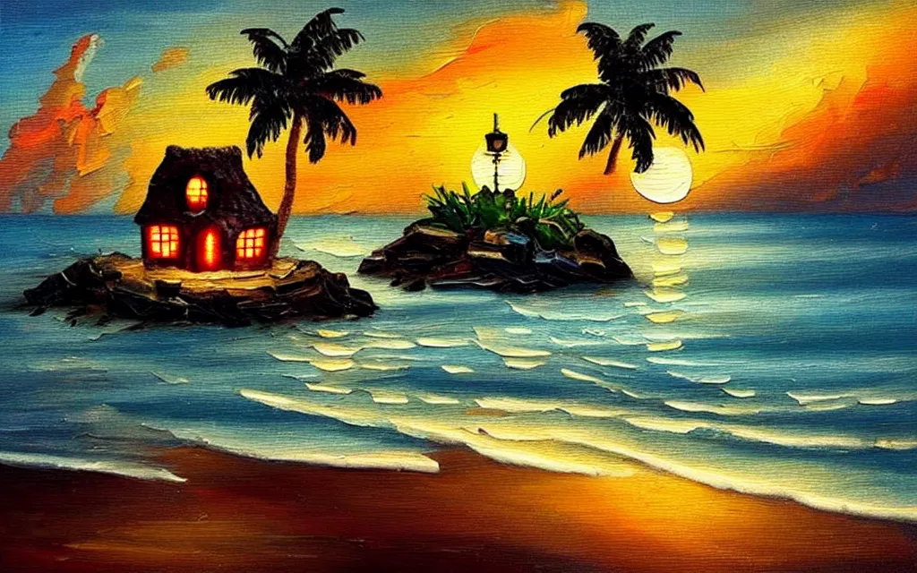 Image similar to a very very small island! cute cozy cottage!! and lanterns!!!, chairs, fireplace, palm trees, dark very late evening cloudy sunset, dramatic and dynamic lighting, thick brush strokes oil impasto painting