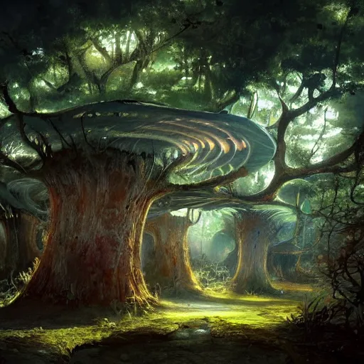 Prompt: a painting of a mushroom like structure in the middle of a forest, concept art by stephan martiniere, trending on artstation, fantasy art, concept art, 2 d game art, matte painting