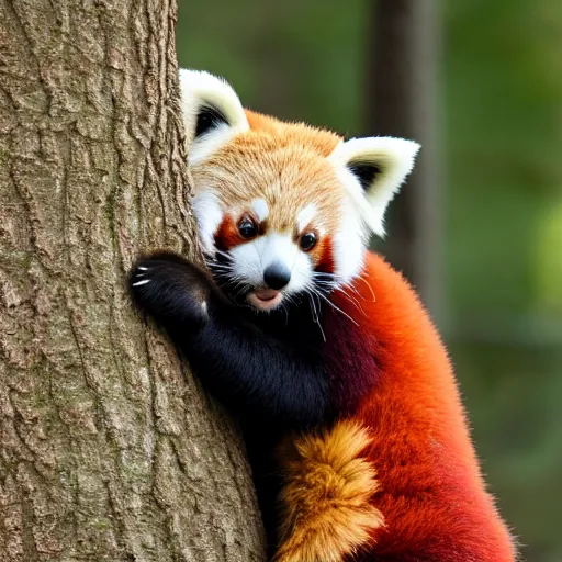 Prompt: a red panda wearing a hat in a tree