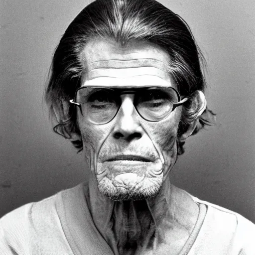 Prompt: 1970s of Mugshot Portrait of a very old and decrepit Willem Dafoe with his head tilted upwards and mouth slightly open, wearing glasses and no beard, with very short hair and a receding hairline, dressed in 1970s menswear, taken in the 1970s, photo taken on a 1970s polaroid camera, grainy, real life, hyperrealistic, ultra realistic, realistic, highly detailed, epic, HD quality, 8k resolution, body and headshot, film still, front facing, front view, headshot and bodyshot, detailed face, very detailed face