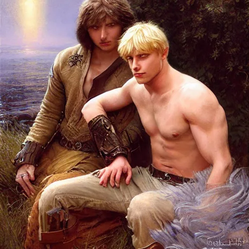 Image similar to attractive male, blond hair arthur pendragon confesses his love to attractive male, dark hair merlin. highly detailed painting by gaston bussiere, craig mullins, j. c. leyendecker 8 k